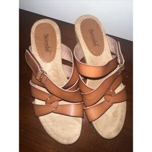 Bjorndal Mabel Leather Cognac Wedge Sandals Criss Cross Womens Size 7 1/2‎